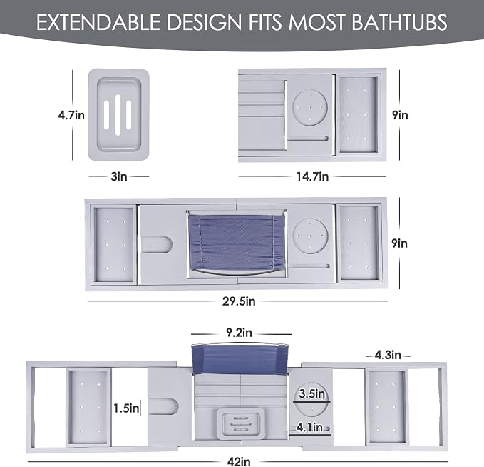 Foldable Bathtub Tray Caddy with Soap Dish Adjustable 29.5-43'' Grey | Bamboo Bath Table Trays with Non-slip Pads, Wine Glass Holder, Adjustable Tablet Book Stand, Spa Bath Essentials Organizer