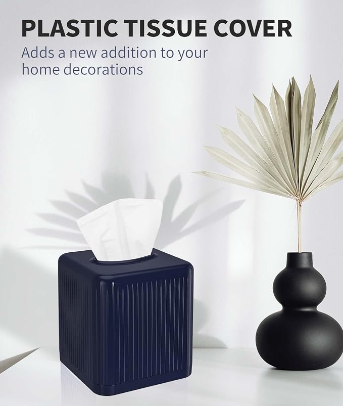 Livelab Tissue Box Cover with Base, Square Plastic Tissue Box Holder Decorative Tissue Box Case Modern Facial Paper Dispenser for Bathroom, Vanity Countertops, Night Stands, Desk - Navy Blue