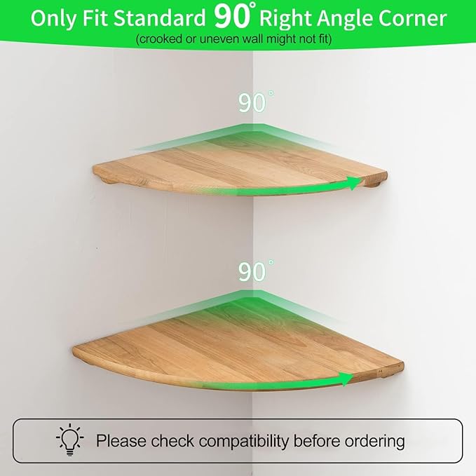 Corner Shelves, Floating Corner Shelf, Set of 2 7inch Solid Oak Wood Wall Shelves, Round End Wall Mount with Wire Hole Shelving for Small Plant for Bedroom Kitchen, Living Room