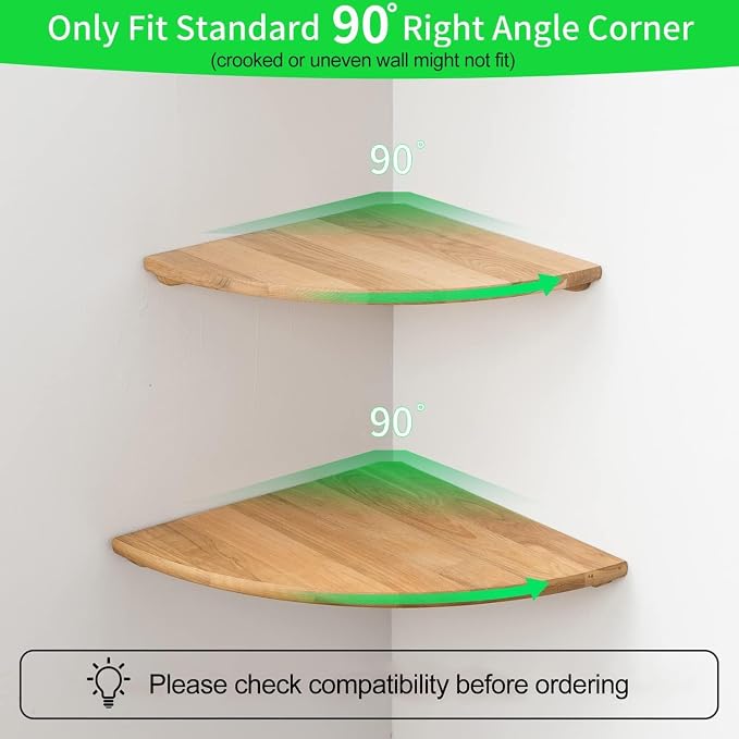 Corner Shelf, Solid Oak Wood Floating Corner Shelves Wall Mount Round End with Wire Hole for Small Plant Photo Frame for Bedroom Kitchen, Living Room