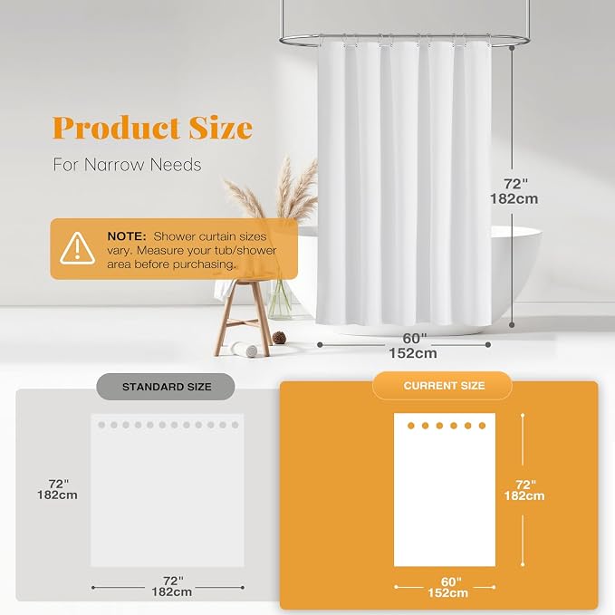 60x72 Linen Textured Waterproof Thick Fabric Shower Curtain Set, White | Narrow Size, 230GSM Polyester, Heavy Duty Cloth, Weighted Hem, 10 Plastic Hooks, Modern Luxury Hotel Style, Machine Washable