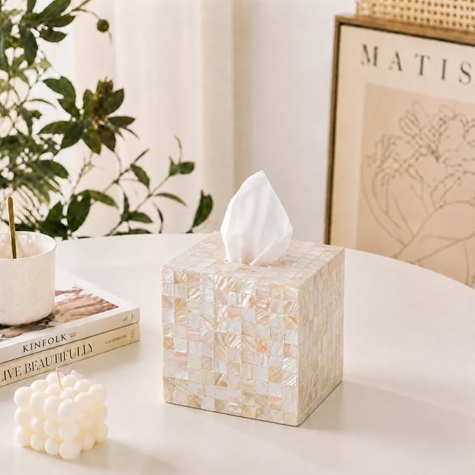 5.9” Mother of Pearl Tissue Box Cover for Kleenex and More – Handcrafted Square Tissue Holder with Sliding Bottom – Decorative Napkin Dispenser for Bathroom, Bedroom, Kitchen, Office