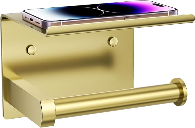 Tindbea Toilet Paper Holder with Phone Shelf, Adhesive or Screw Wall Mount Toilet Tissue Roll Holder, Rustproof & Multifunctional Stainless Steel Bathroom Storage Dispenser (Brushed Gold) | Heavy Duty Stainless Steel Brushed Gold