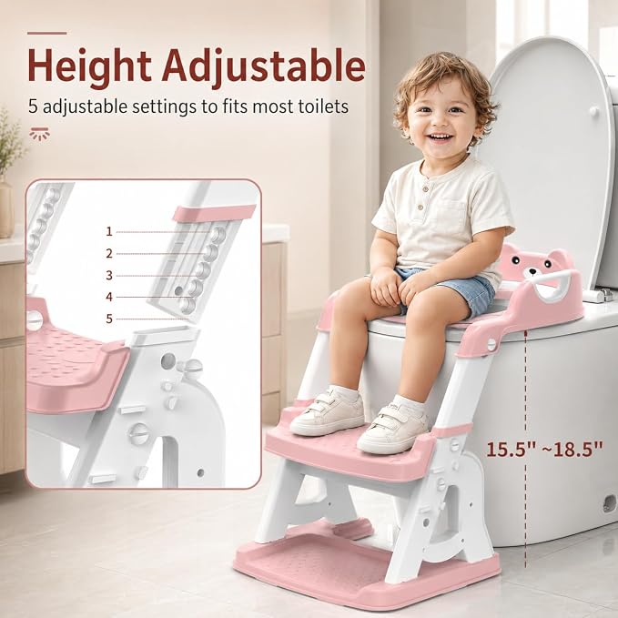 Meulife Potty Training Seat, Upgrade 2 in 1 Potty Training Toilet for Toddler, Toddler Toilet Seat for Boys Girls with Support Bar, Anti-Slip Pad and Step Stool (Pink)