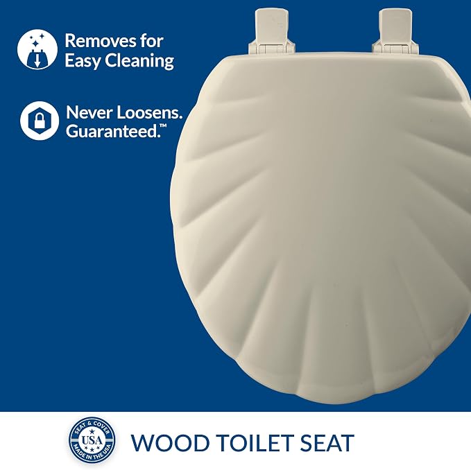 Mayfair Sculptured Shell Toilet Seat, Easy Clean Hinges with Durable Wood Seat, Made in USA, Round, Bone (Pack of 2)