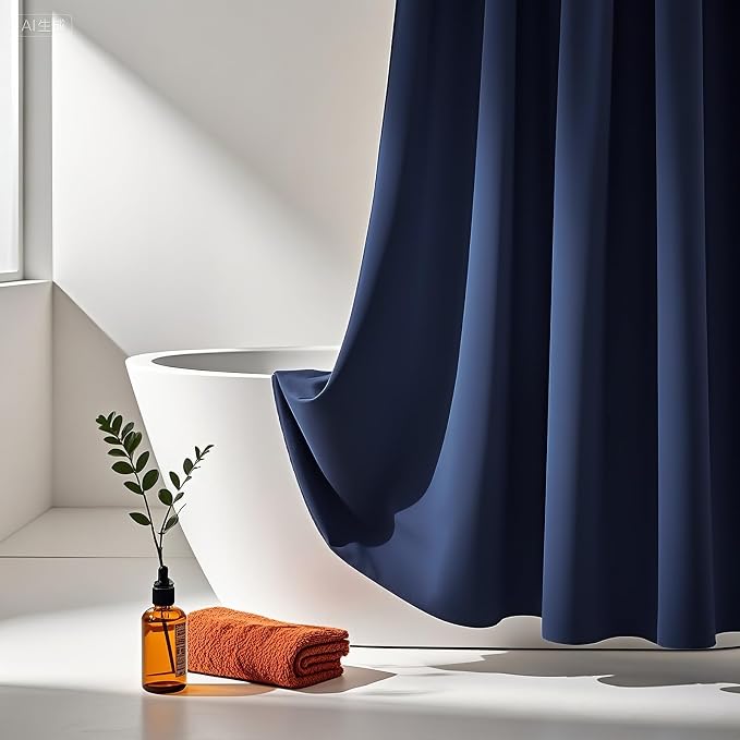 AooHome Solid Navy Blue Shower Curtain, Fabric Weighted Hem Shower Liner with Hooks, Reinforced Metal Grommets, Water Repellent, 72 Width x 75 Height inch
