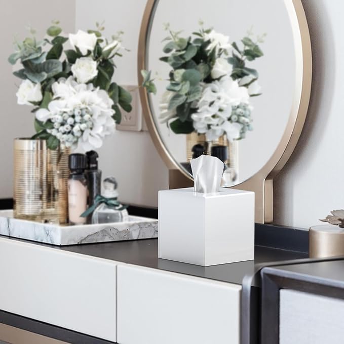 SILUT Shiny White Square Acrylic Tissue Box Cover | Stylish Modern Facial Tissue Dispenser Holder for Bathroom Vanity, Bedroom & Office, Magnetic Bottom & Non-Slip Base
