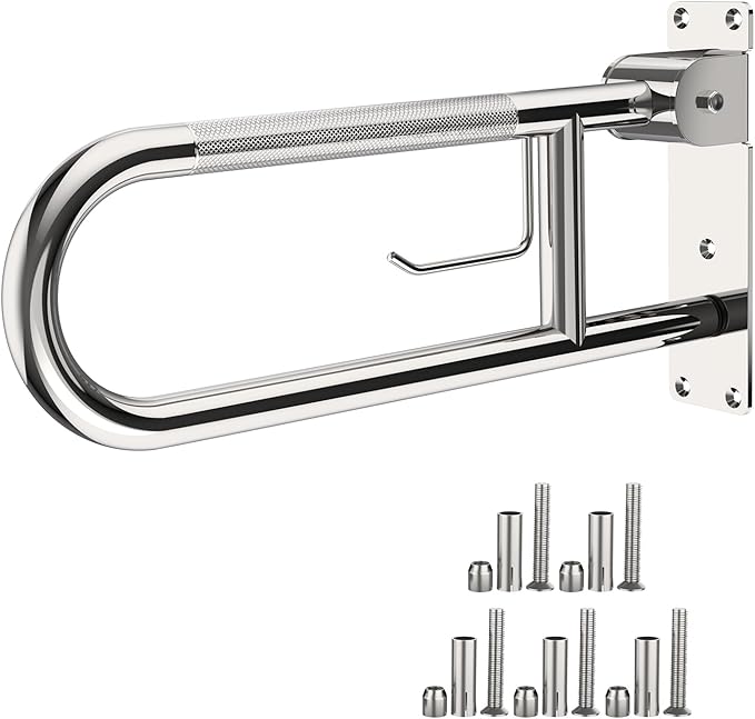 Flip-Up Toilet Grab Bar 24 Inch Chrome, Munzong Handicap Grab Bars | Anti-Slip Bathroom Safety Rails Stainless Steel Knurled Support handrails for Seniors Elderly Disabled Pregnant