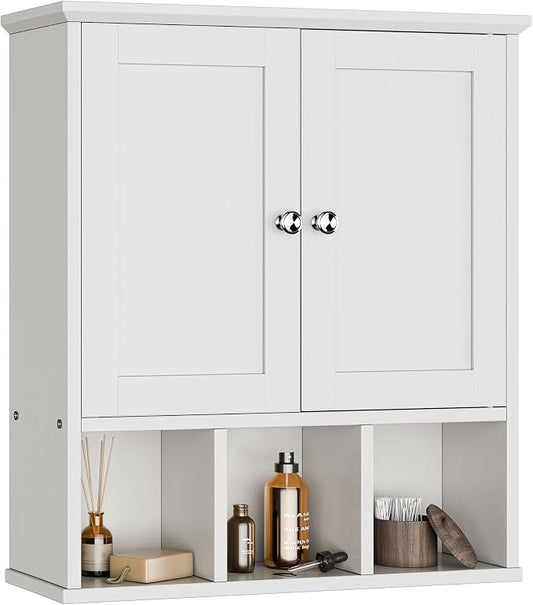 Bathroom Wall Cabinet, Bathroom Cabinet Wall Mount with 2 Doors and 3 Open Shelves, Over the Toilet Wood Medicine Cabinets, White