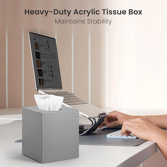 Tissue Box Cover, Square Modern Facial Acrylic Tissue Holder Napkin Dispenser Accessories for Bathroom Vanity Countertop,Bedroom Dresser,Night Stand,Desk,Office (Sliver)