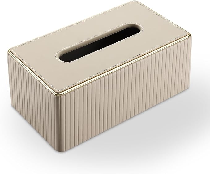 Rectangular Tissue Box Cover, PU Leather Tissue Box Holder with Magnetic Bottom, Napkin & Facial Tissue Holder Dispenser Decorative Box Cover for 120-count (3-Ply) 160-count (2-Ply) Beige