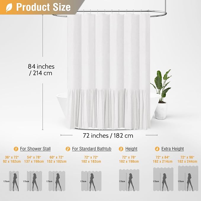 Extra Long Linen Ruffle Farmhouse Cloth Shower Curtain, 72x84, White | Ruffle Hem, Heavy Duty Fabric, 12 Hooks, Elegant Drape, Shabby Chic Style, Bathroom Decor, Machine Washable, Easy To Install