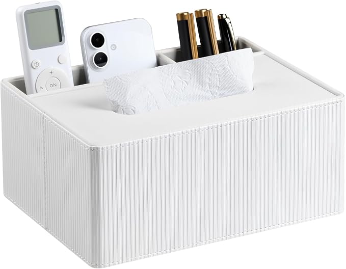 Tissue Box Cover Rectangle PU Leather Tissue Box Holder Rectangular (Ivory) | 2 Storage Compartments, Soft Velvet Lining, Aesthetic Stripes, For 120(3-Ply)/160(2-Ply) Tissue Box