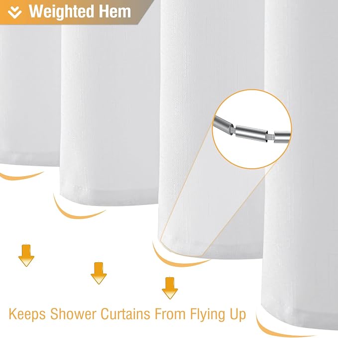 White Linen Textured Waterproof Thick Fabric Shower Curtain Set, 72x72 | 230GSM Polyester, Heavy Duty Cloth, Weighted Hem, 12 Plastic Hooks, Modern Hotel Style, Machine Washable, Bathroom Decor