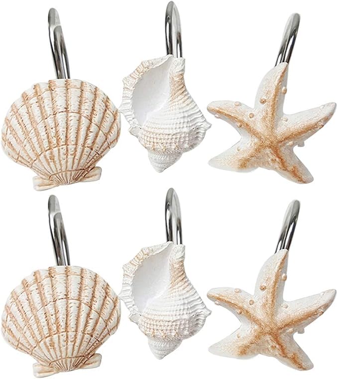 Seashell Shower Curtain Hooks for Bathroom Decorative, 12pcs Anti Rust Decorative Resin Shower Curtain Rings Rods Hooks