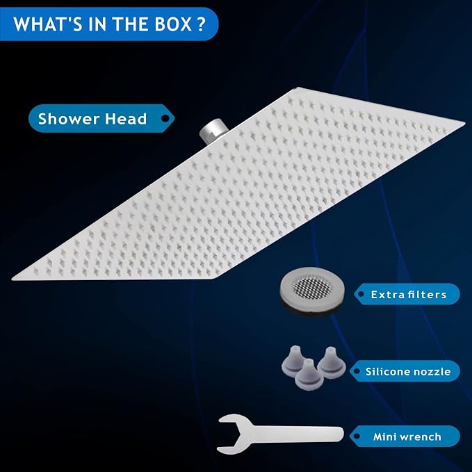 Voolan Oversize Rain Shower Head - High Flow Square Rainfall Showerhead - Waterfall Full Body Coverage - Universal Ceiling or Wall Mount (16 Inch, Brushed Nickel)