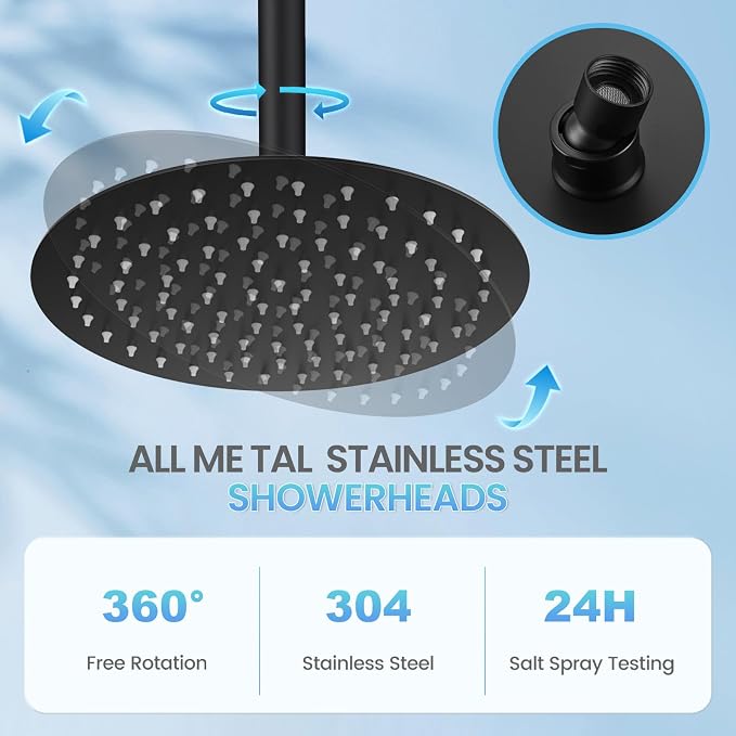 10 Inch Matte Black Round Rain Shower Head, All Metal Stainless Steel Rainfall Shower Heads with 100 Anti-Clog Silicone Nozzles, Wall or Ceiling Mount