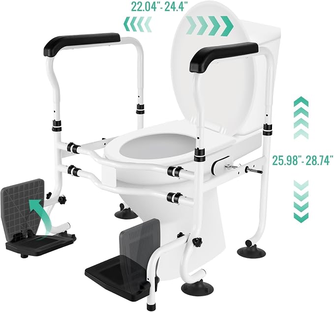 Toilet Safety Rails with Footrests, Adjustable Height & Width, Foldable Heavy Duty Toilet Safety Frame with Handles, Supports 500 lbs, Fits Most Standard Toilets-Suit for Elderly, Seniors & Disabled
