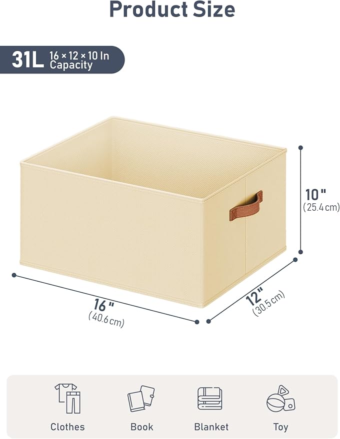 6 Pack Large Closet Storage Baskets Bins for Shelves, Collapsible Fabric Closet Organizers and Storage with Polyester Handles, Decorative Baskets for Organizing Clothes, Towels, Linen Closet 16x12x10"
