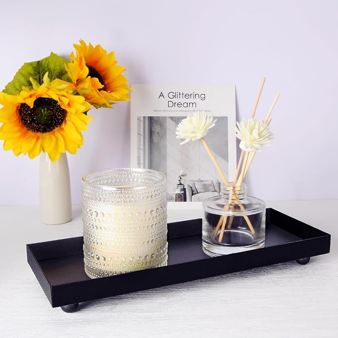 11.4"x4.3" Matte Black Rectangular Metal Tray, Candle & Jewelry Organizer | Rust-Resistant Iron, Powder Coating, Smooth Polished Edges, Elevated Ball Feet, Industrial Modern, Bathroom & Toilet Tank