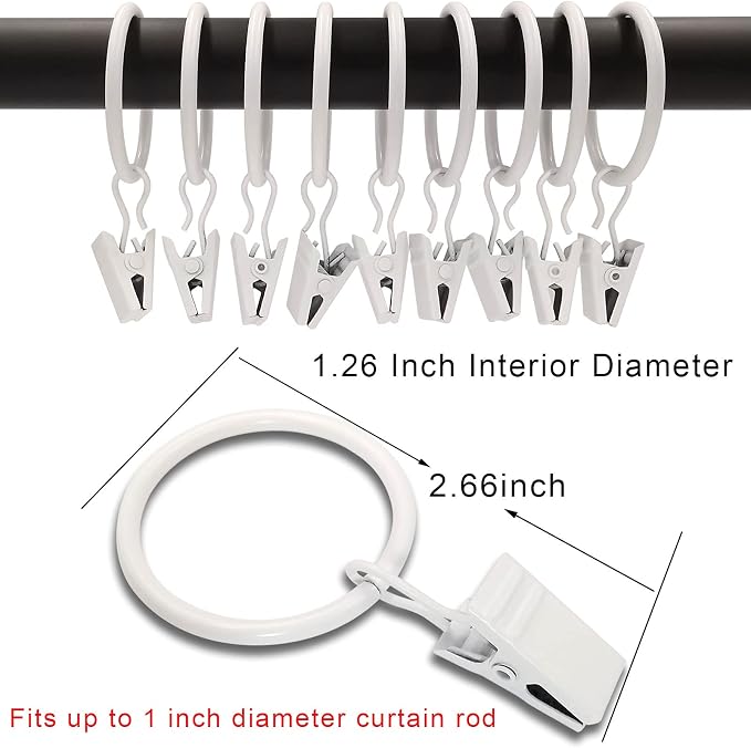 LLPJS 40 Pack Curtain Rings with Clips, Curtain Clip Rings Hooks, Bow Hanger Clips for Hanging Drapery Drapes Bows, Ring 1.26 inch Interior Diameter, Fits up to 1" Rod, White