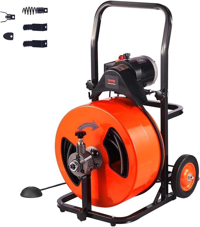 VEVOR 100FT x 3/4 Inch Drain Cleaner Machine Sewer Auger Auto Feed with 4 Cutter & Air-Activated Foot Switch for 4" to 8" Pipes, Orange, Black