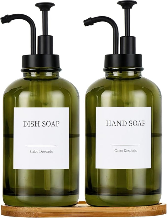 Glass Soap Dispenser with Pump, Dish and Hand Soap Dispenser for Kitchen Bathroom Set, Clear Glass Dispenser Set of 2 Pack with 18 Stickers Funnel Bamboo Tray 500ml 18oz Green