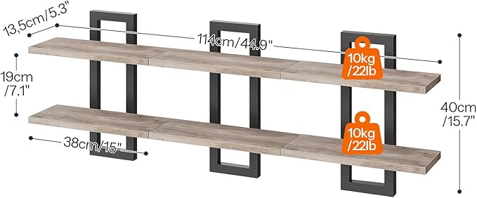 HOOBRO Floating Shelves, 15 Inch Wall Shelf Set of 3, Wall Mounted Storage Shelves 2-Tier, Hanging Bathroom Shelves, for Living Room, Bedroom, Bathroom, Kitchen, Greige and Black BG32BJP301
