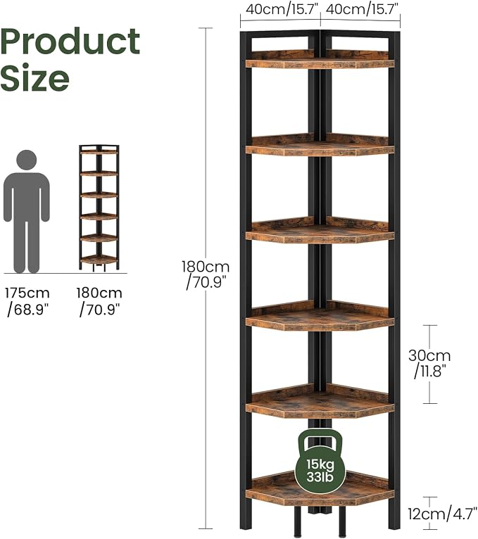 6-Tier Corner Shelf, Tall Corner Bookshelf, Freestanding Storage Stand, Display Shelving for Living Room, Bedroom, Home Office, Rustic Brown and Black TCJ39BF