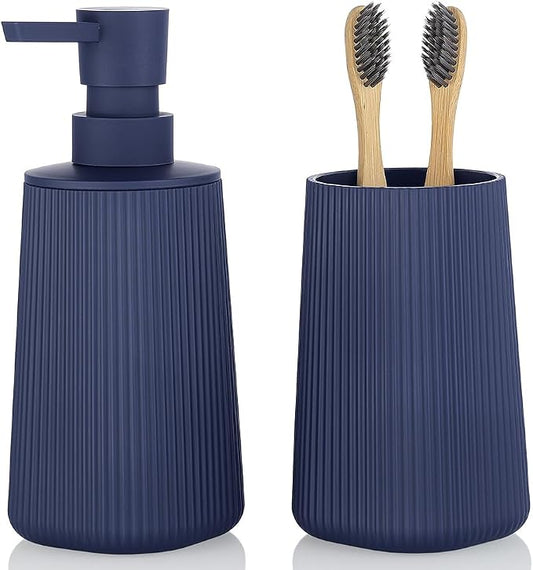YAUKPH Bathroom Soap Dispenser and Toothbrush Holder Striped Blue | Bathroom Accessories Set 2 Piece for Bathroom Countertop Storage and Decor