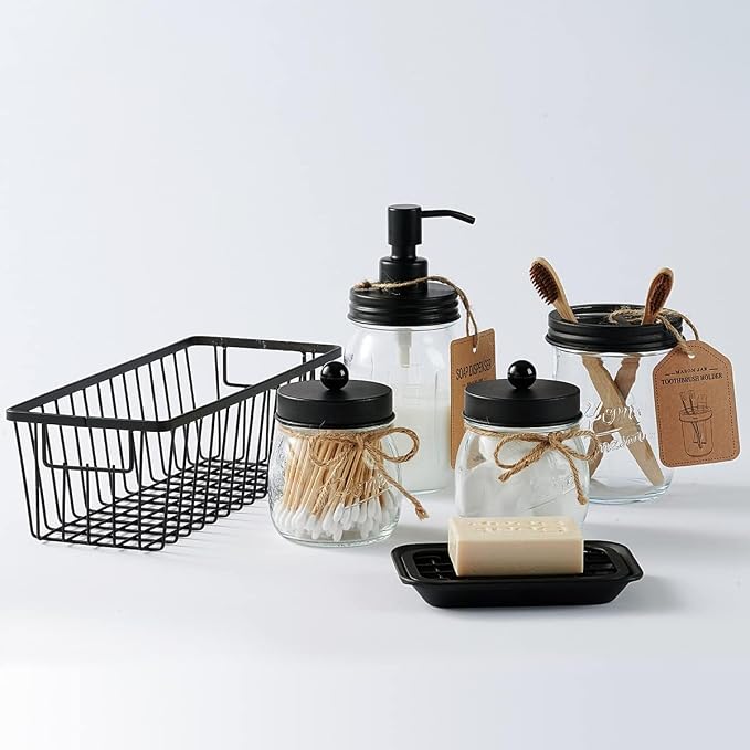 SheeChung Mason Jar Toothbrush Holders, Farmhouse Toothpaste Organizer, 1Pc | Black Glass Electric Tooth Brush Holder for Bathroom Countertop, Removable Stainless Steel Lid,3 Divider,Rustic Vintage Decor