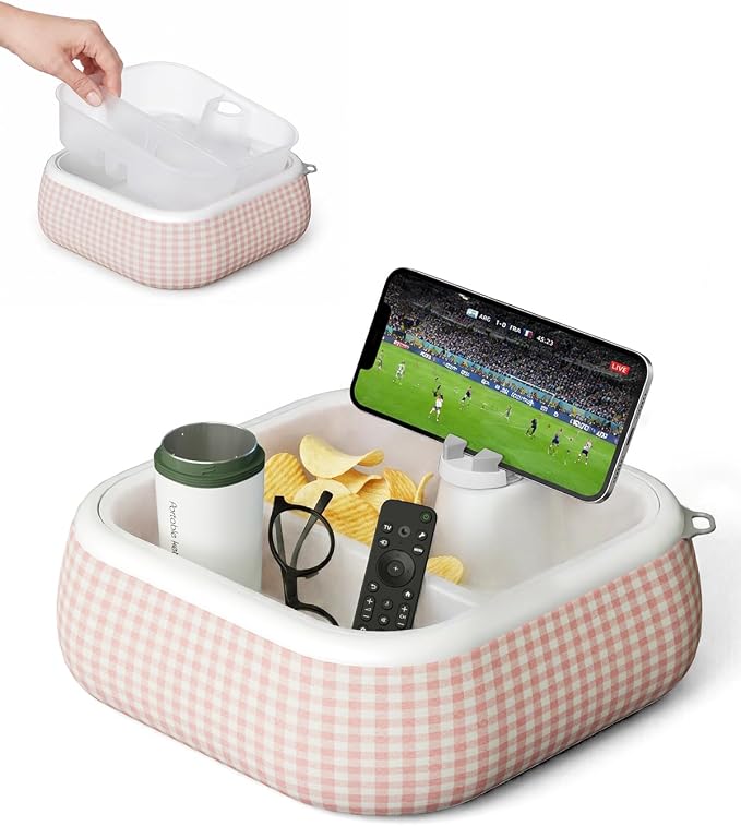 Viozon Couch Cup Holder Tray, EPP Foam Floating Bathtub Tray & Pool Caddy with 360° Adjustable Phone Stand Dock, Detachable Snack Drink Organizer for Sofa Bed, Pink.