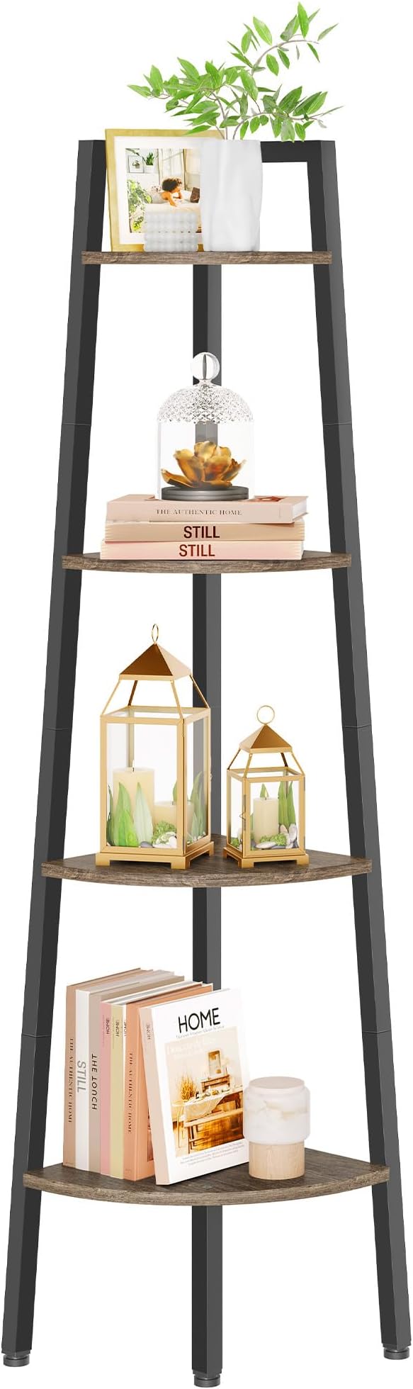 Hoctieon Corner Shelf, 4-Tier Corner Bookshelf, Rustic Ladder Shelf, Industrial Display Stand for Living Room, Kitchen, Home Office, Balcony, Small Space, Metal Frame, Grey