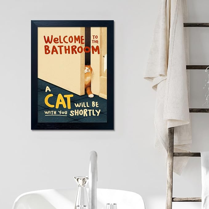 Framed Funny Bathroom Wall Decor Welcome to the Bathroom Painting A cat Will be With You Shortly Cat Lover Canvas Print Poster Modern Home Decor