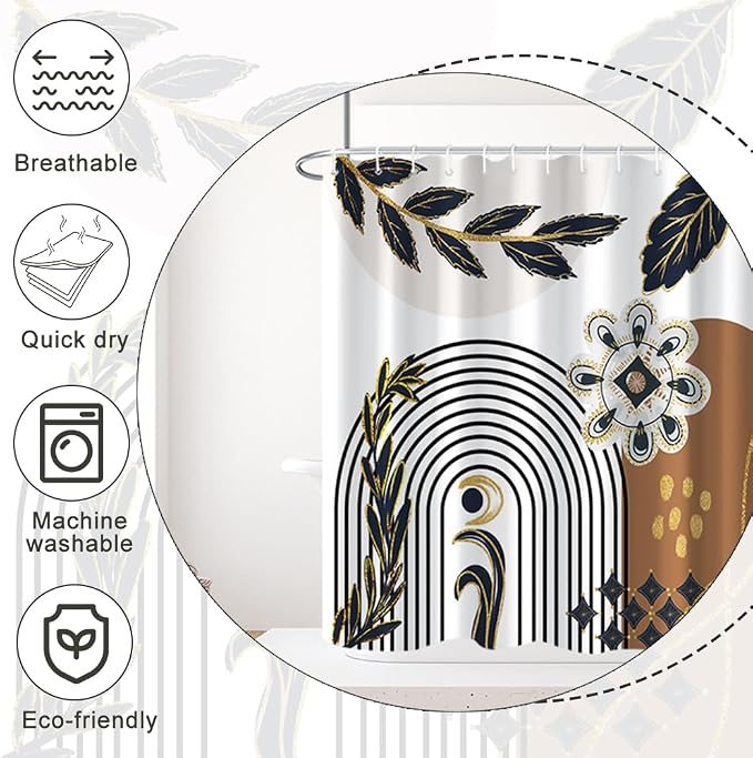Black and Gold Boho Shower Curtain for Bathroom 72x96 Inch | Waterproof Abstract Black Arch Leaves Shower Curtain Set with Hooks, Mid Century Brown Bathroom Decor