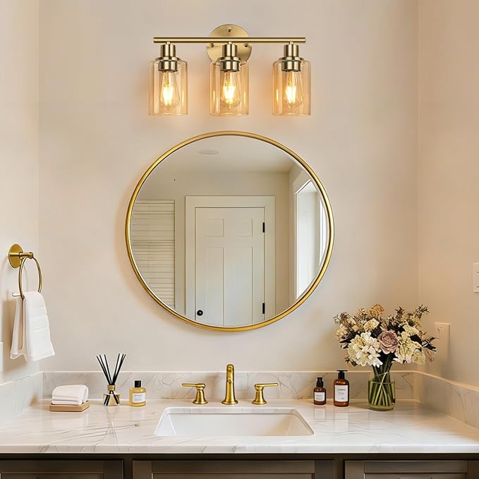 Zarbitta 3-Light Bathroom Light Fixtures, Brushed Gold Vanity Light, Farmhouse Wall Lights with Amber Glass Shades, Bathroom Wall Lamp for Mirror Kitchen Bedroom Hallway Living Room