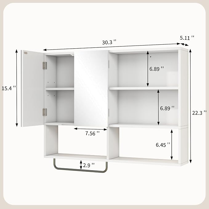 Bathroom Wall Cabinet, Medicine Cabinet, with Mirror & Towel Bar, White