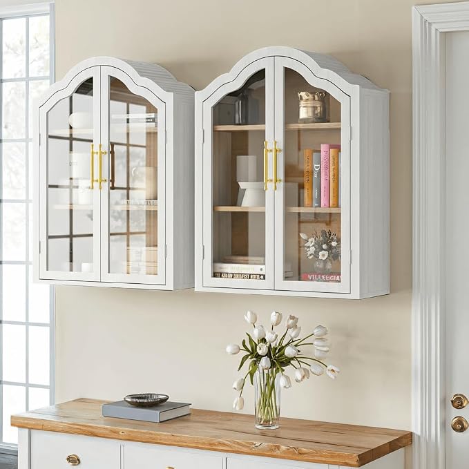 FIMELLO 47.2’’W Wave Design Arched Wall Cabinet, Bathroom Cabinet with Glass Doors Adjustable Shelf, Above Toilet Cabinet, Kitchen Wall Cabinet, Wall Bookshelf, White Grain