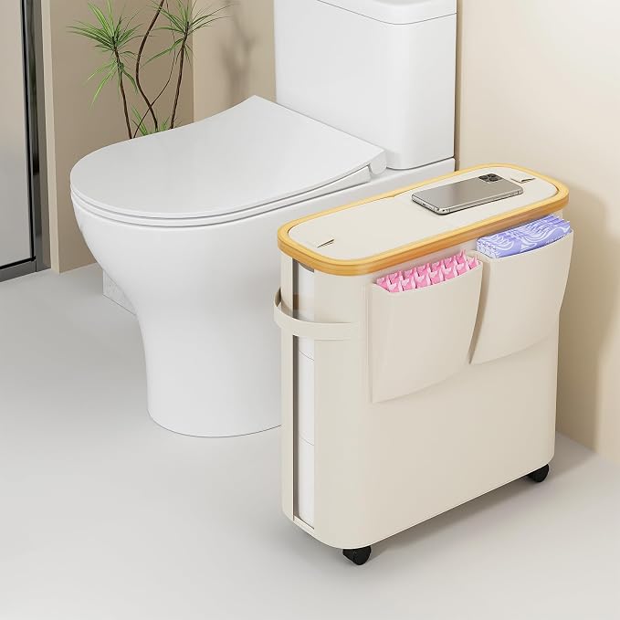 Toilet Paper Storage Basket with Lid, Bathroom Toilet Paper Holder, Beige | Bathroom Toilet Paper Organizer for 9-12 Rolls Large Capacity, Foldable Fabric Bamboo Toilet Paper Container with Pockets,