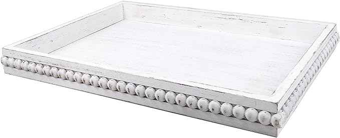Hrastany Wood Decorative Coffee Table Serving Tray, Farmhouse Rectangular Tray with Wooden Bead for Ottoman, Entertaining, Home Decor, 15.7”*11.8”*1.57” (Whitewashed)