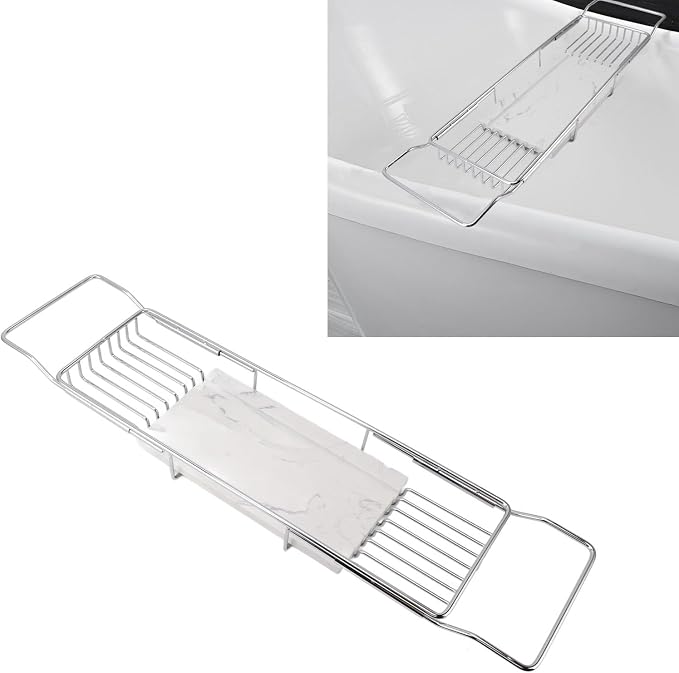 Metal Marble Bathtub Rack, Bathtub Caddy Tray Stainless Steel Shower Caddy Tray with Extending Sides, Bathroom Trays (Silver White)