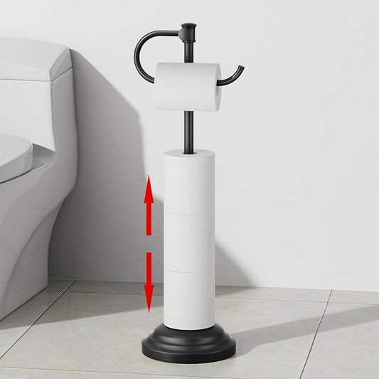 RUMOSE Toilet Paper Holder Stand for Floor Free Standing, Black | Bathroom Freestanding Toilet Tissue Roll Holder with Storage, Adjustable 17-25 Inch, Rustproof, SUS304 Stainless Steel