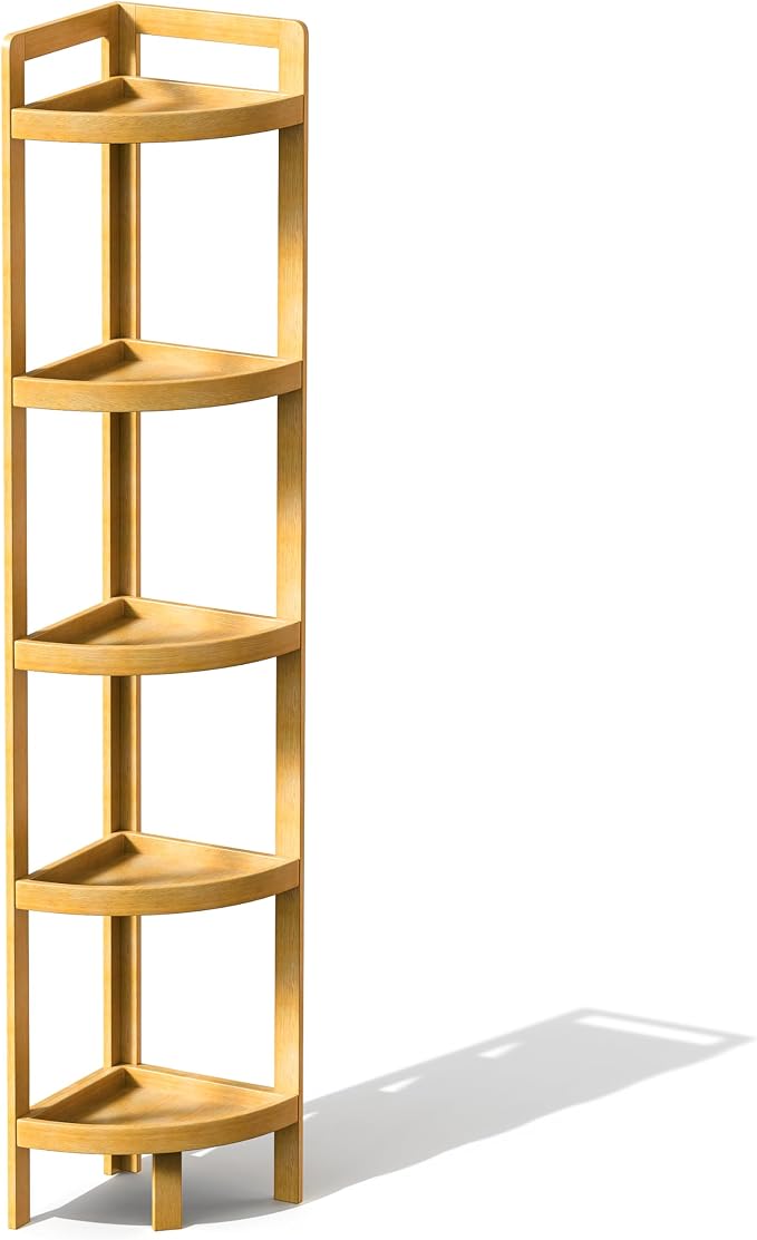 2026 New Bamboo Standing Shelf, 5 Tier Corner Shelf Stand, Free-Standing Shelf Units, Triangular Curved Corner Shelf Stand for Space-Saaving Display Ideal for Bathroom/Kitchen/Living Room Storage