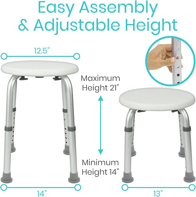 Vive Shower Stool for Inside Bath - Small, Adjustable, Plastic, Round, Non-Slip - Bathtub Seat Chair for Bathroom Safety - Waterproof Medical Universal Tub Bench for Elderly, Senior, Women, Adults | Non-Slip - Bathtub Seat Chair for Bathroom Safety - W...