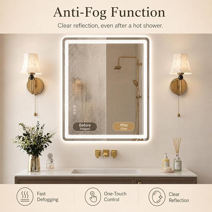 36x28 LED Lighted Bathroom Mirror for Vanity | Front Lights and Backlit, Rounded-Corner Rectangle, 3 Colors, Dimmable, Anti-Fog, Memory, Tempered Glass, UL