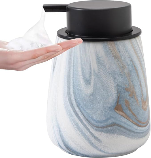 12Oz Foaming Hand Soap Dispenser - Ceramic Bathroom Foam Soap Dispenser with Easy-to-Press Black Pump, Refillable Lotion Hand Dispenser, Dish Soap Dispensers for Kitchen, Marble Blue