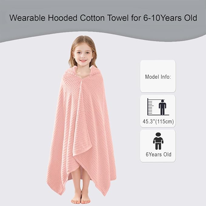 VOOVA & MOVAS Kids Hooded Towel, 6-10 Years, 100% Cotton,Pink Waffle | Gentle Waffle Texture, Heavy Cotton Fabric, Ideal for Kids Bath and Seaside Vacation
