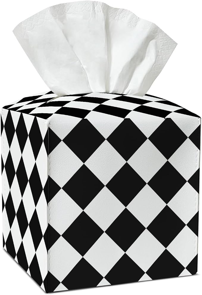 Black and White Checkered Tissue Box Covers Square, Leather Tissue Box Holders Decorative for Car Nightstand Home Office Bathroom Organizer, Square Facial Paper Organizer Home Decor -015