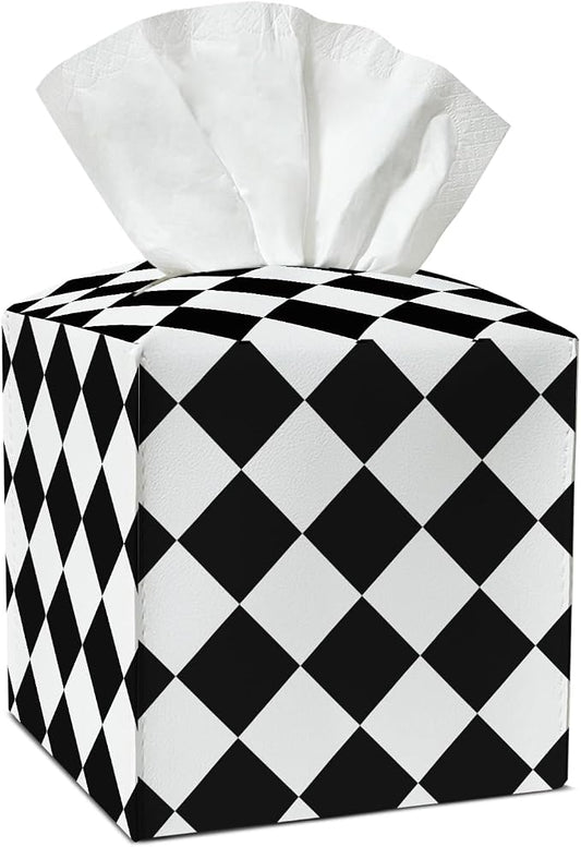 Black and White Checkered Tissue Box Covers Square, Leather Tissue Box Holders Decorative for Car Nightstand Home Office Bathroom Organizer, Square Facial Paper Organizer Home Decor -015