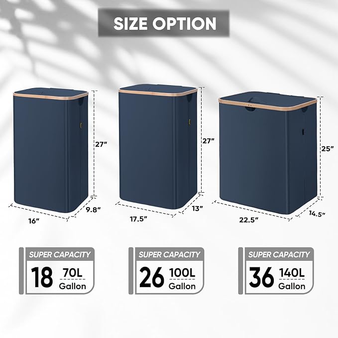 BALEINE Laundry Hamper with Lid, Tall Laundry Baskets with Bamboo Pull Handles, Large Laundry Bin with Internal Support (26 Gal/100L, Blue)